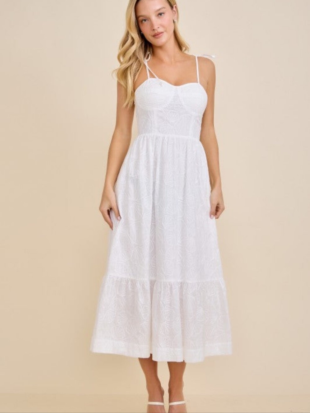 No Comment White Smocked Midi Sundress Tie Shoulder Straps XL